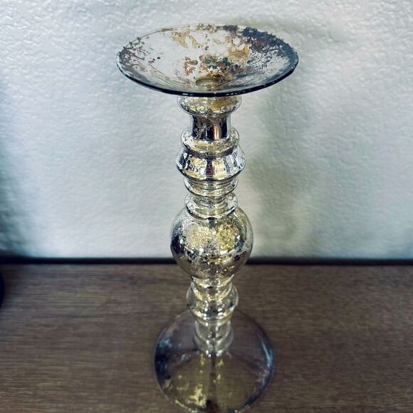 Delicate Silver Glass Candlestick Pillar Candle Holder - Picture 1 of 6